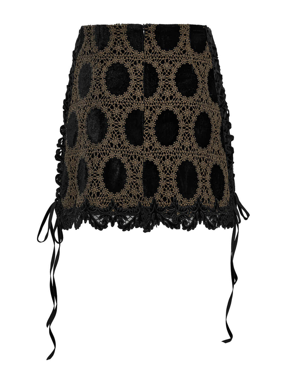 Stylish black-brown lace velvet mini skirt with gothic design and side ties, perfect for edgy fashion lovers.