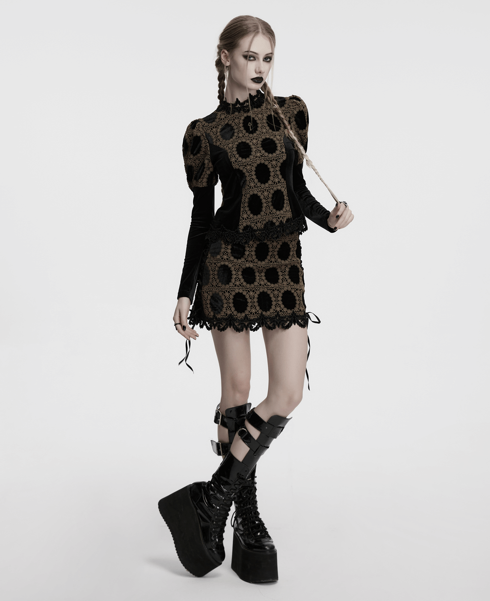 Stylish black-brown lace velvet gothic mini skirt on model, featuring unique floral design and edgy platform boots.