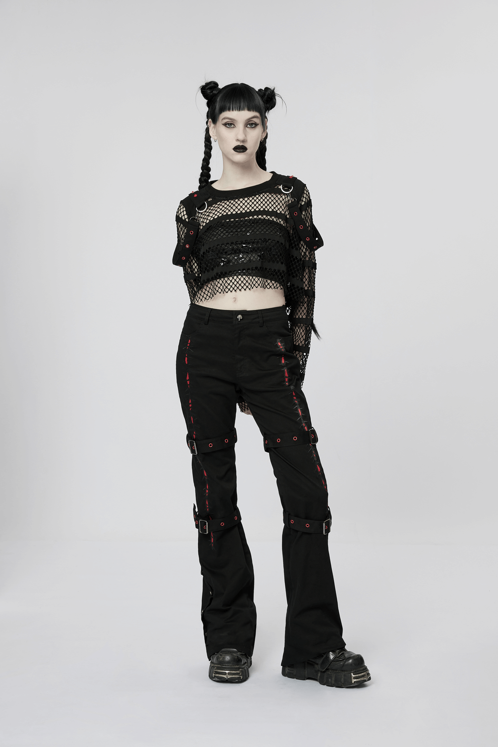 Strap-Detailed Embroidered Gothic Flare Pants - HARD'N'HEAVY