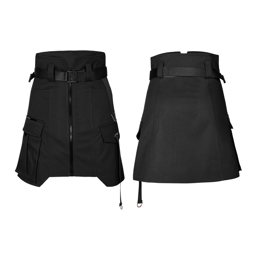 Front and back views of the Street-Ready Asymmetric High Waist Tactical Skirt with zipper and cargo pockets.