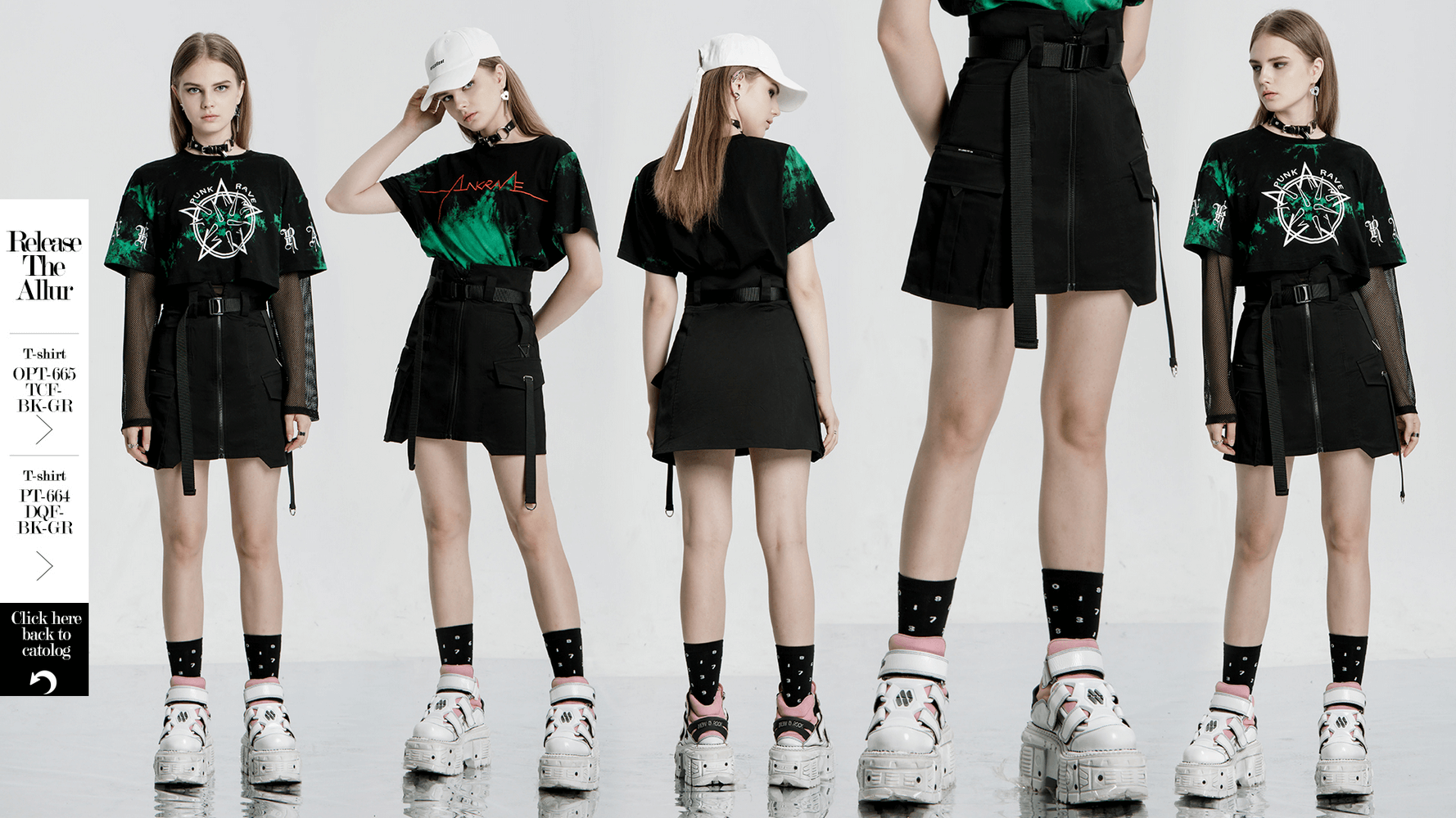 A model showcases the edgy Rebel Asymmetric Tactical Skirt with urban punk style and high-waisted design.