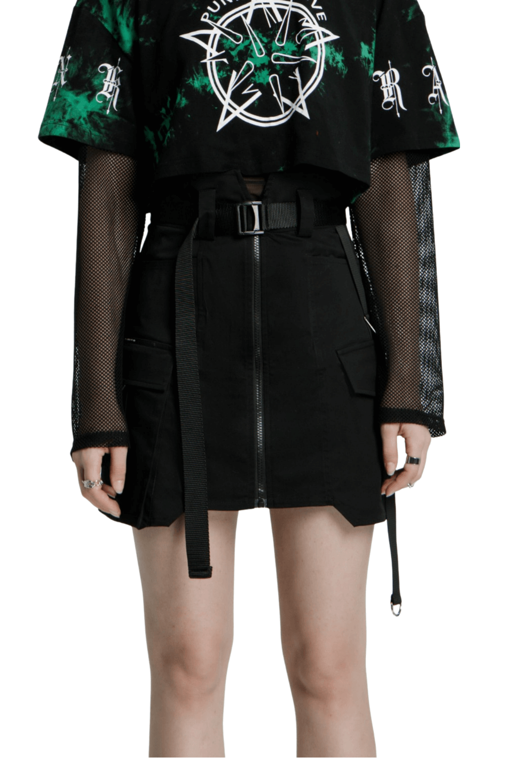 Edgy high-waist asymmetric tactical skirt with zip and pockets, styled with a punk graphic tee.