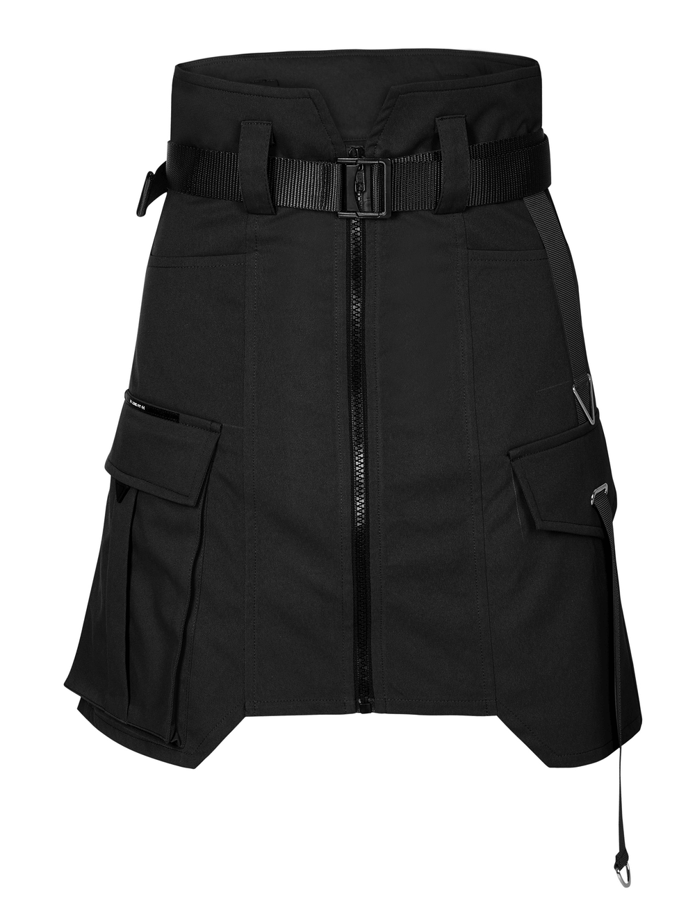 Street-ready asymmetric high waist tactical skirt with zippered pockets and customizable belt.