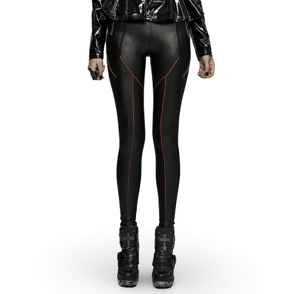 Chic punk faux leather pants with contrast stitching and zip detail, perfect for a trendy edgy look.