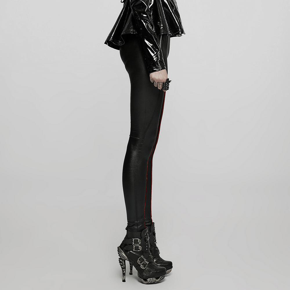 Chic punk stretch faux leather pants with contrast stitching and zip detail, styled with edgy high-heeled boots.