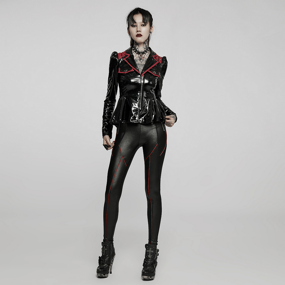 Chic punk model wearing stretch faux leather pants with contrast stitching and a stylish black jacket featuring zippers.