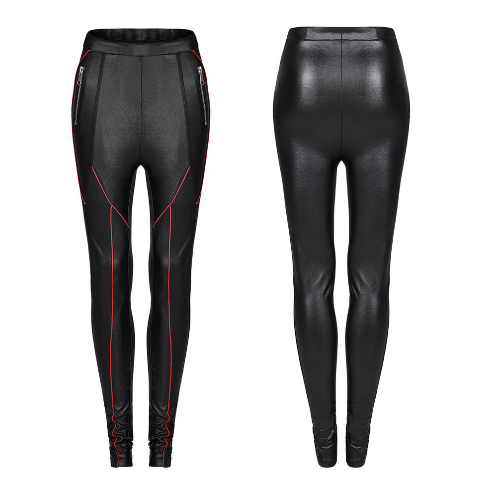Stylish stretch faux leather pants with contrast stitching and zip details, perfect for chic punk fashion.