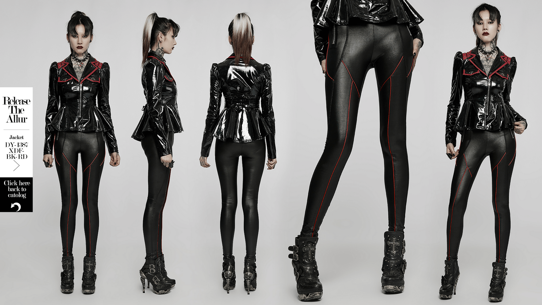 Chic punk model showing stretch faux leather pants with contrast stitching and zip detail from multiple angles.