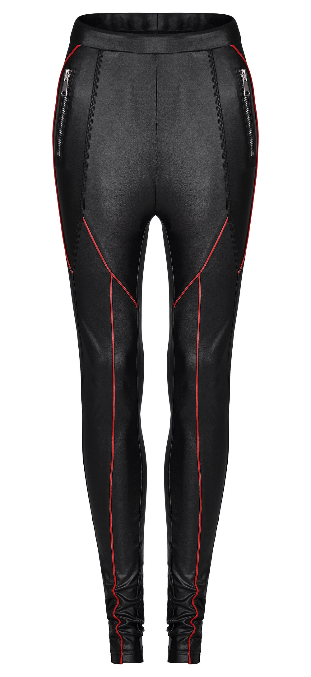 Chic punk-style stretch faux leather pants with red contrast stitching and zip details for a stylish look.
