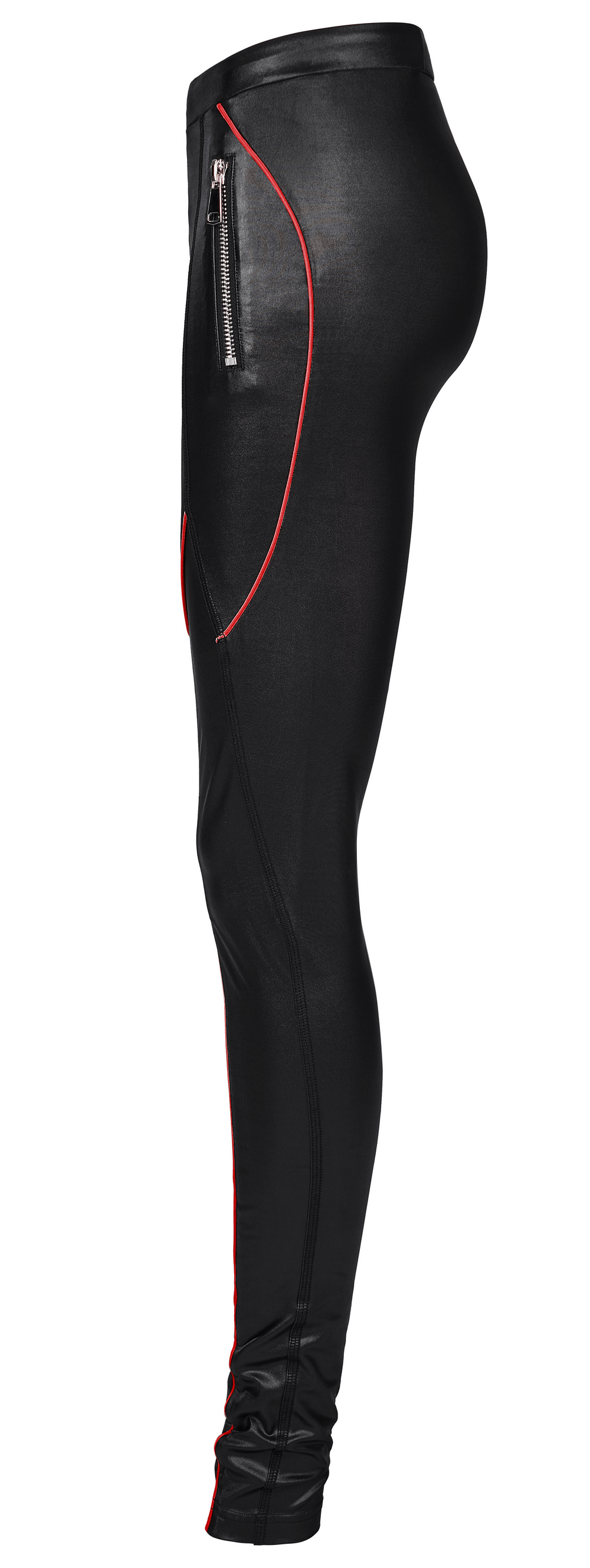 Stretch faux leather pants with contrast stitching and zip detail, offering a snug fit and chic punk style.