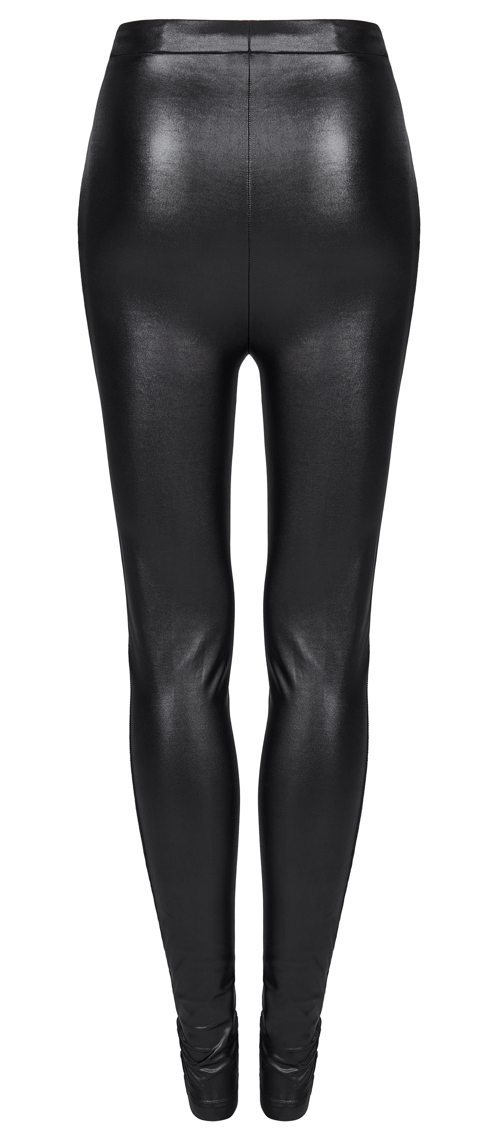 Stretch faux leather pants with contrast stitching and zip detail, showcasing a chic punk vibe and snug fit.