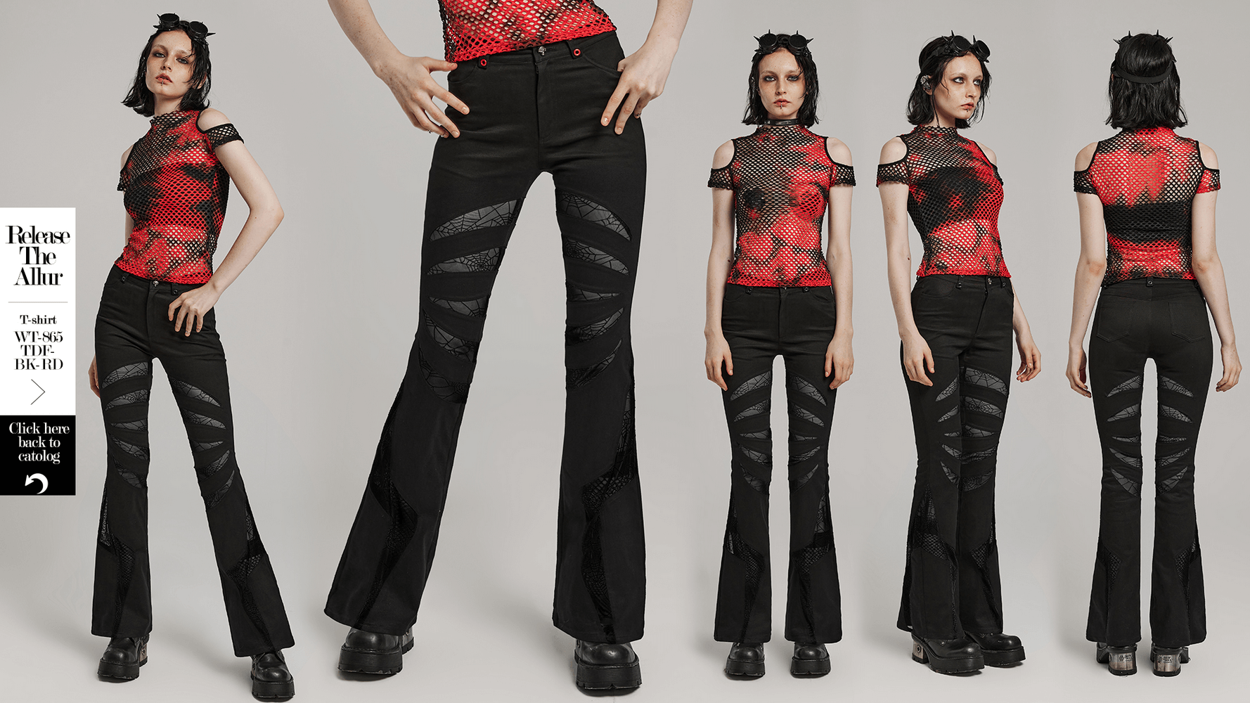 Gothic flared pants with spiderweb mesh and skull button, perfect for stylish night outs.
