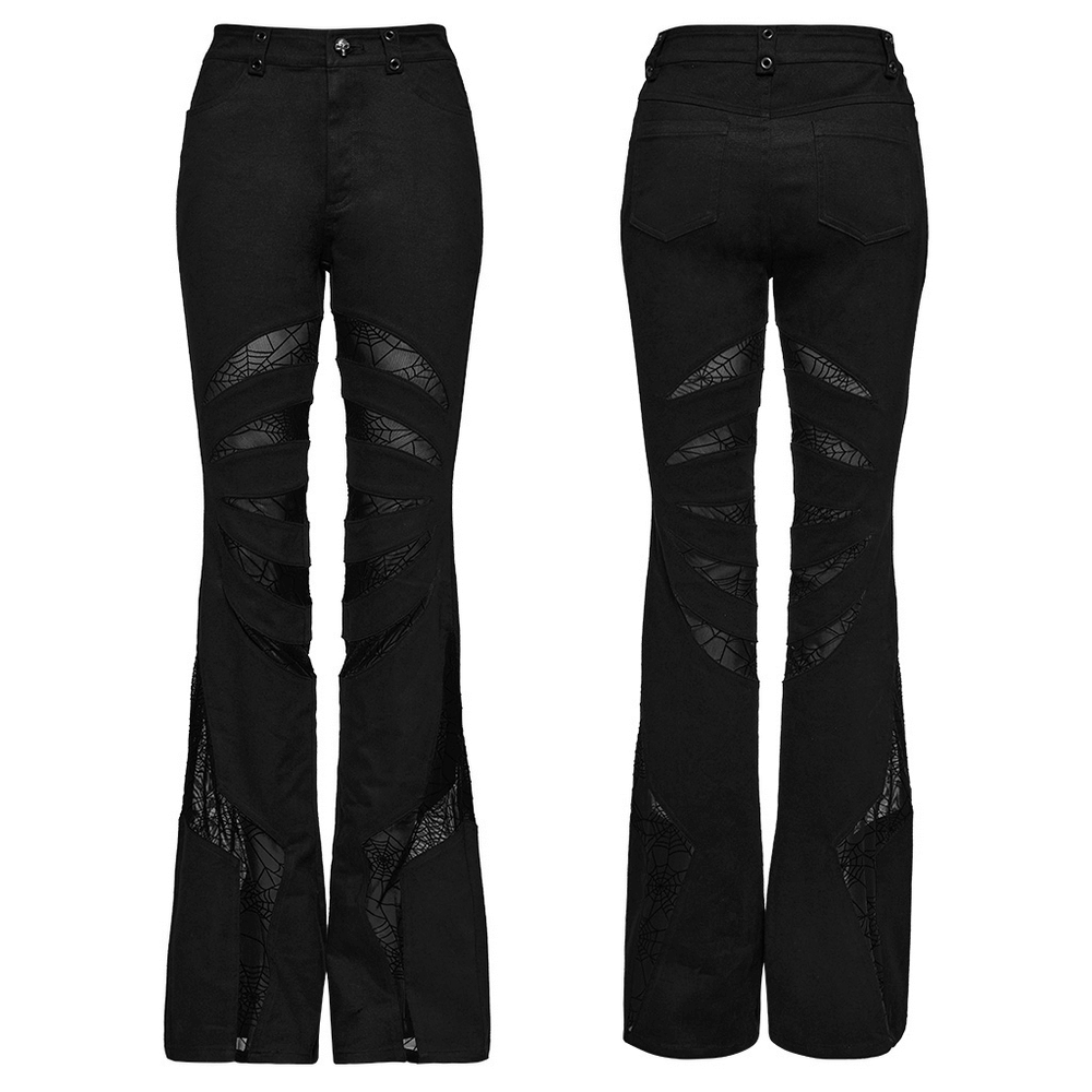 Black gothic flared pants featuring spiderweb mesh cutouts and skull accent button, perfect for a stylish night out.
