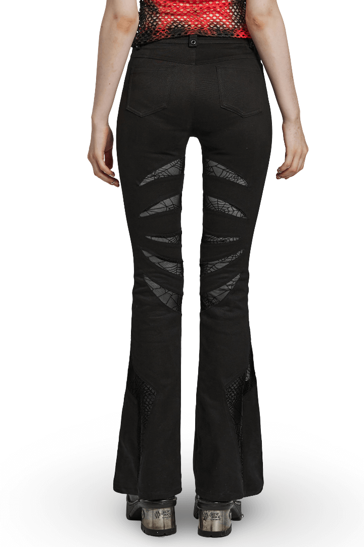 Back view of black Gothic flared pants with spiderweb mesh accents and stylish slits, perfect for a unique night out.