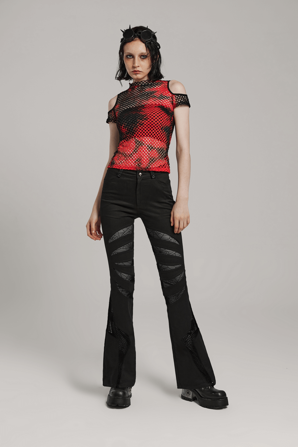 Stretch Gothic Flared Pants with Spiderweb Black Mesh