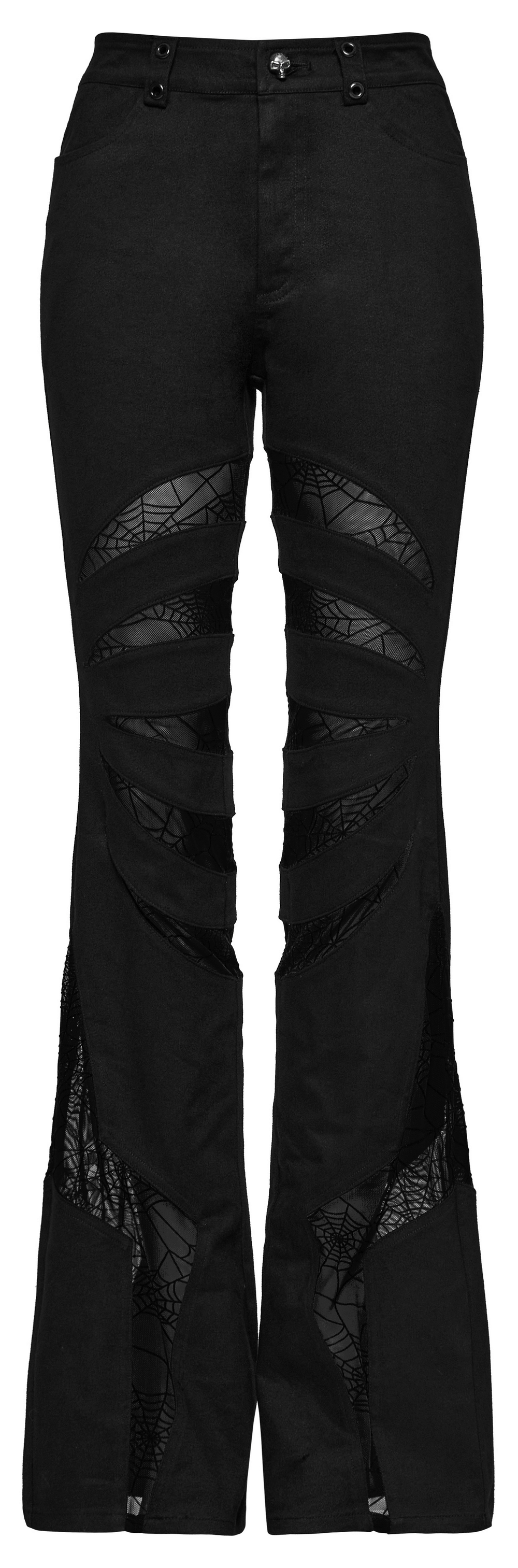 Goth black flared pants featuring spiderweb mesh panels and skull accent button for a unique night out style.