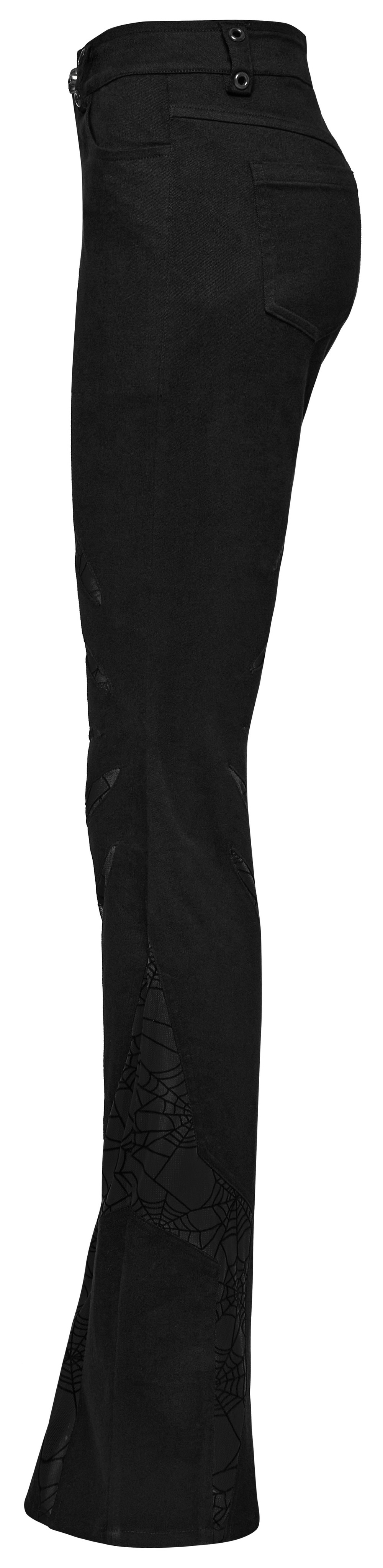 Gothic flared pants with black spiderweb mesh and skull accent button, perfect for a stylish night out.