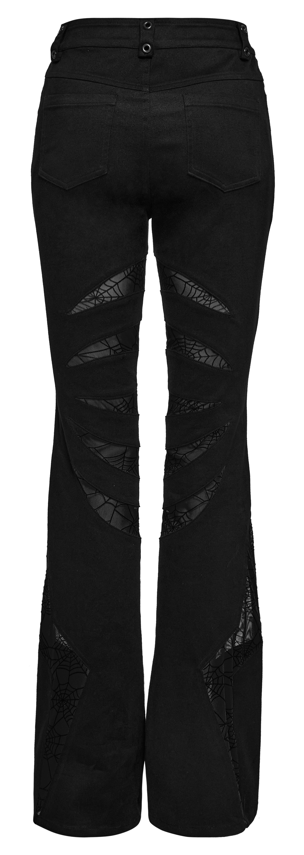 Back view of Stretch Gothic Flared Pants with spiderweb mesh detailing and skull accent button.