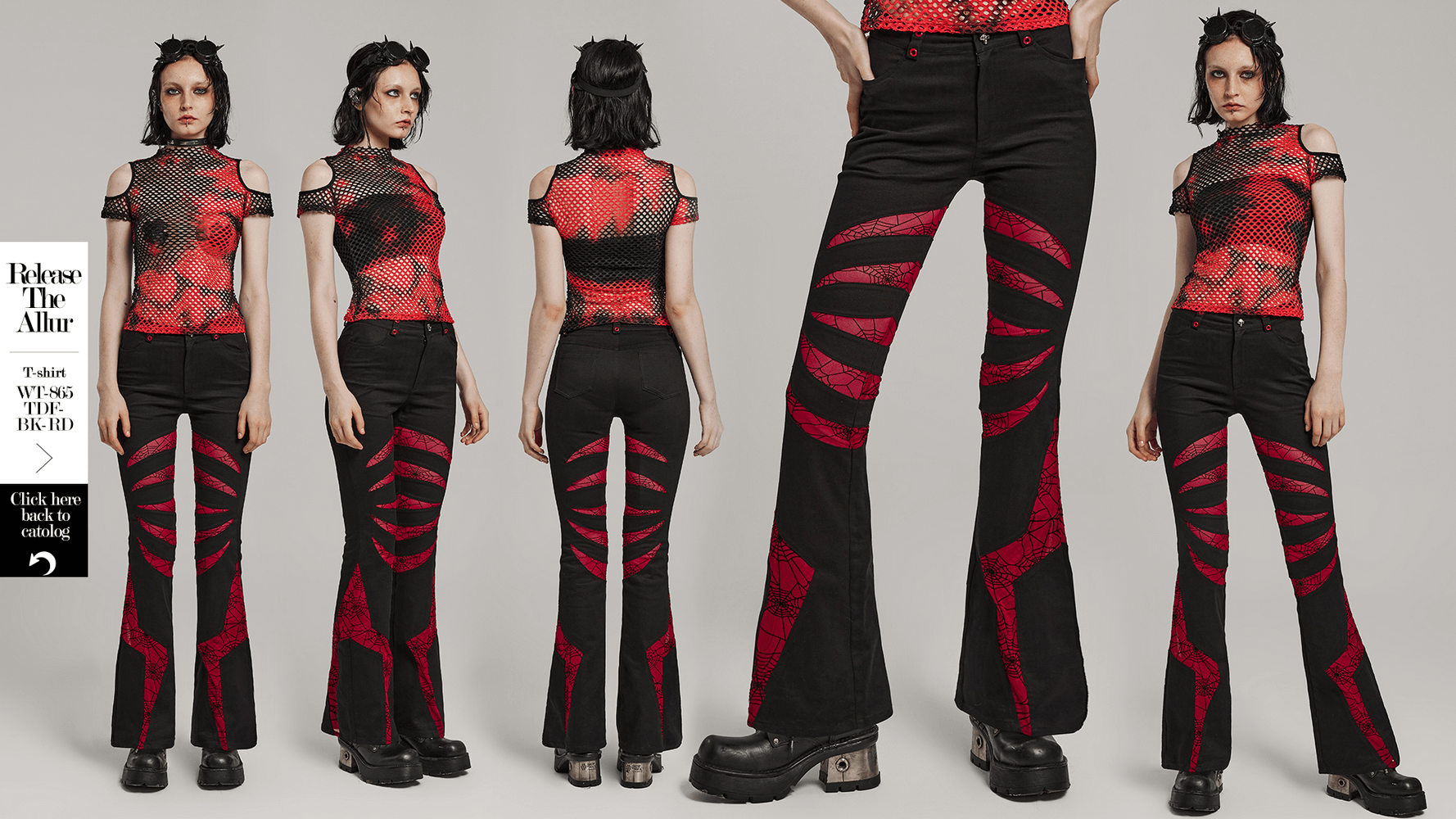 Stretch Gothic flared pants featuring red spiderweb mesh and skull accent, styled for a unique goth look.