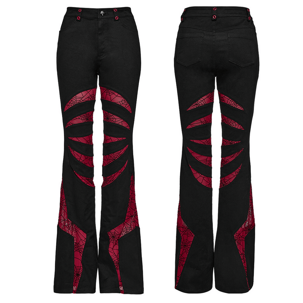 Gothic flared pants featuring red spiderweb mesh design and skull button for a striking style.
