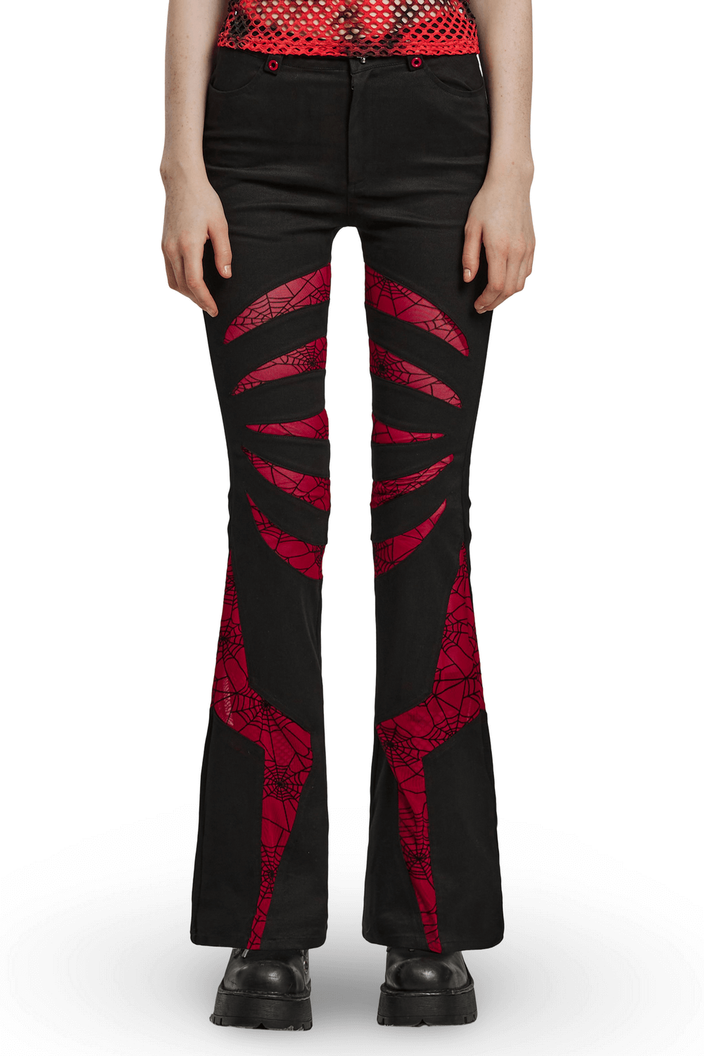 Stretch Gothic flared pants with red spiderweb design and skull button accent for a unique goth style.