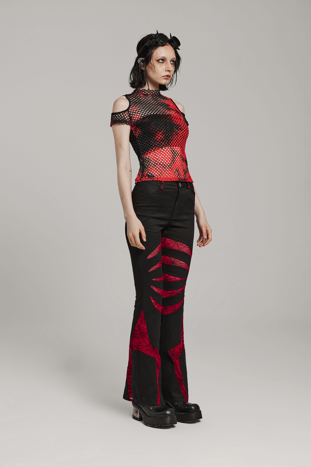 Stretch Gothic Flared Pants with Spiderweb Red Mesh