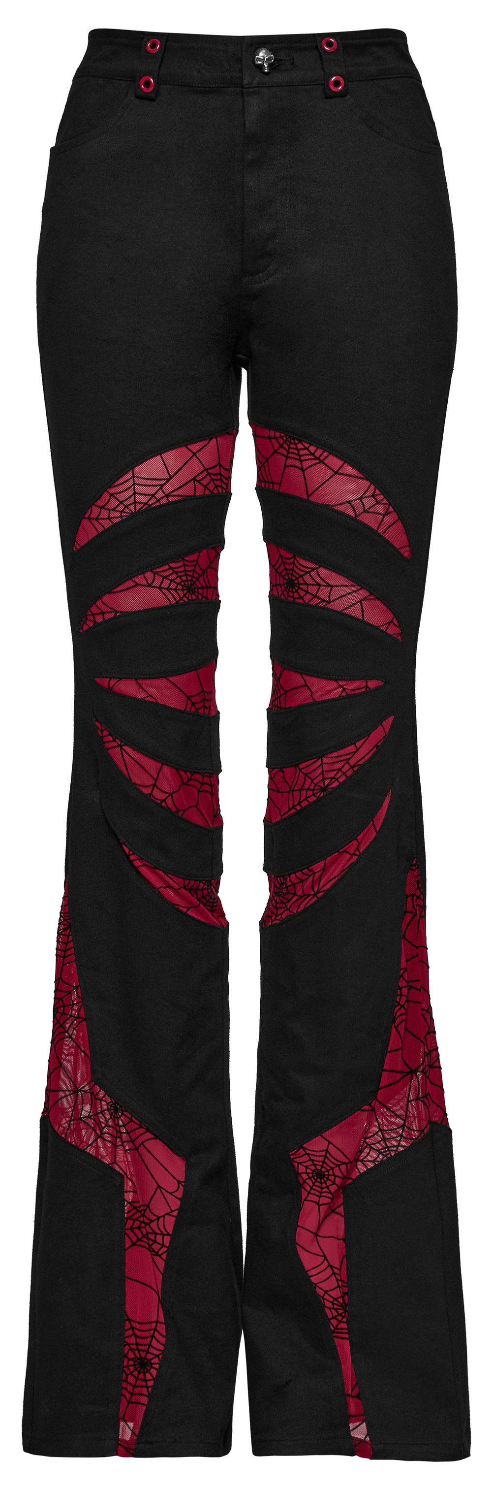 Stretch Gothic flared pants featuring red spiderweb mesh and skull accent button for a bold goth look.