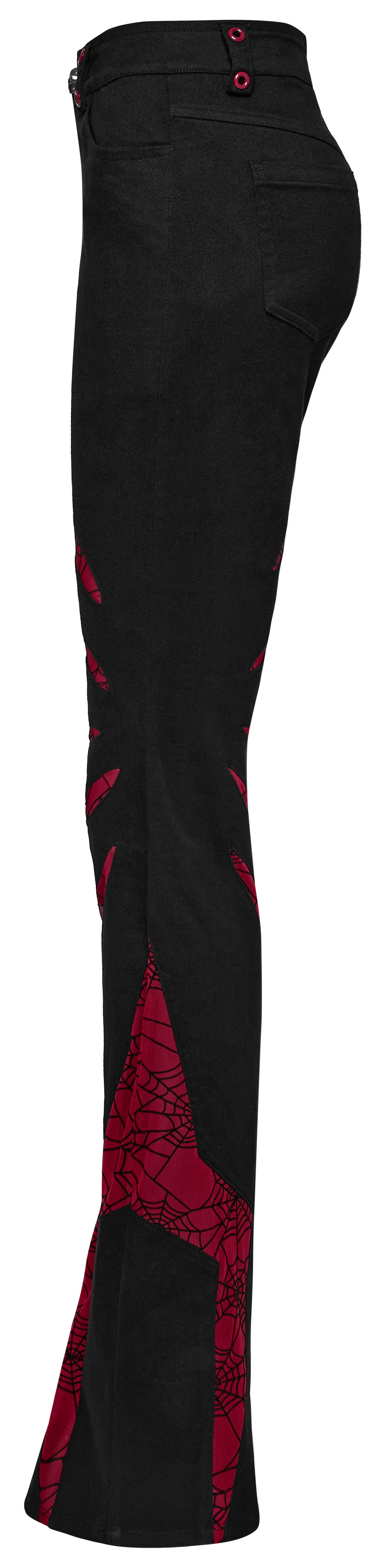 Side view of Gothic stretch flared pants with red spiderweb design and skull button accent.