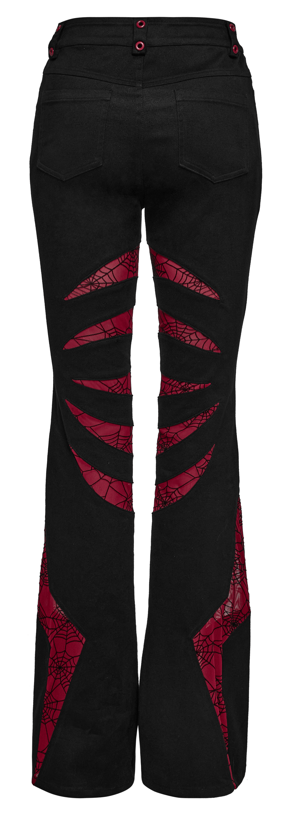 Back view of stretch gothic flared pants with red spiderweb mesh and skull accent button.