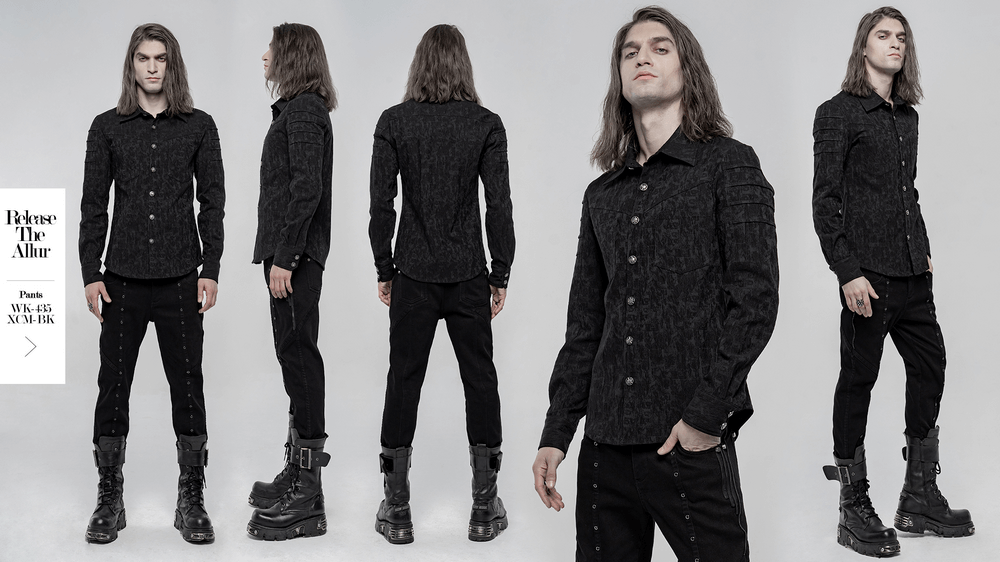 Men's stretch jacquard gothic shirt with unique button detail and stylish fit, showcasing a modern punk aesthetic.