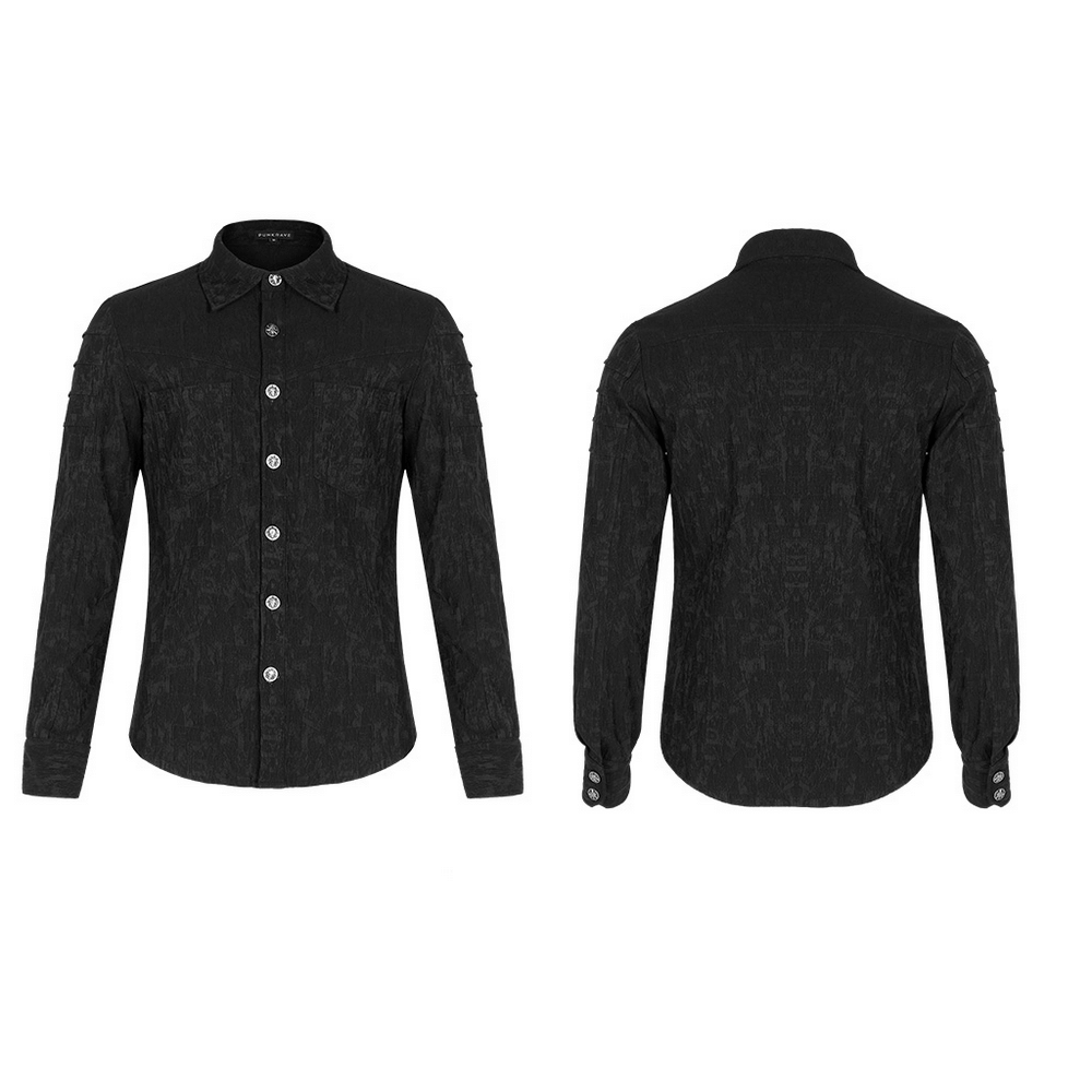 Men's black stretch jacquard gothic shirt with unique button detail and long sleeves, showcasing a stylish fit.
