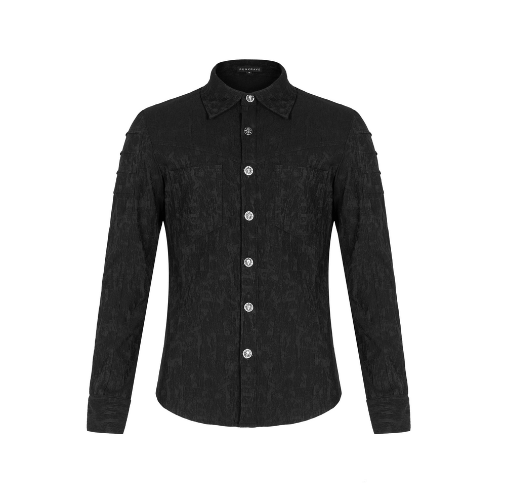 Men's black stretch jacquard gothic shirt with unique button detail, showcasing a stylish fit and long sleeves.