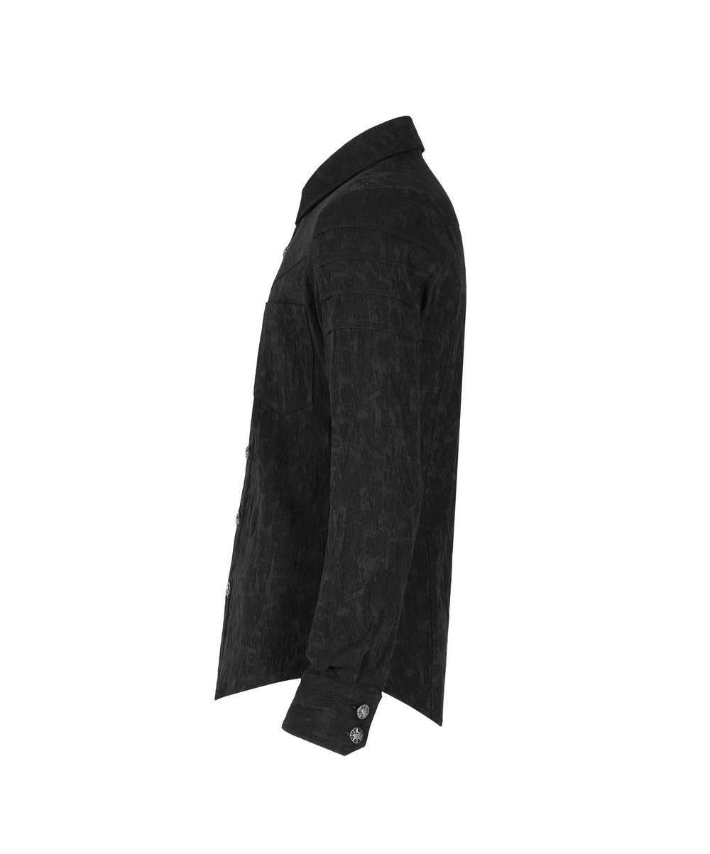 Side view of a men's stretch jacquard gothic shirt with unique button detail, showcasing its elegant silhouette and dark pattern.