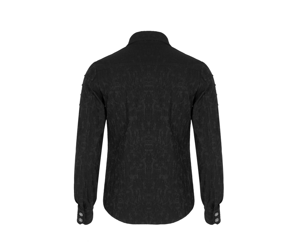 Back view of Men's Stretch Jacquard Gothic Shirt with unique button details and stylish dark patterns.