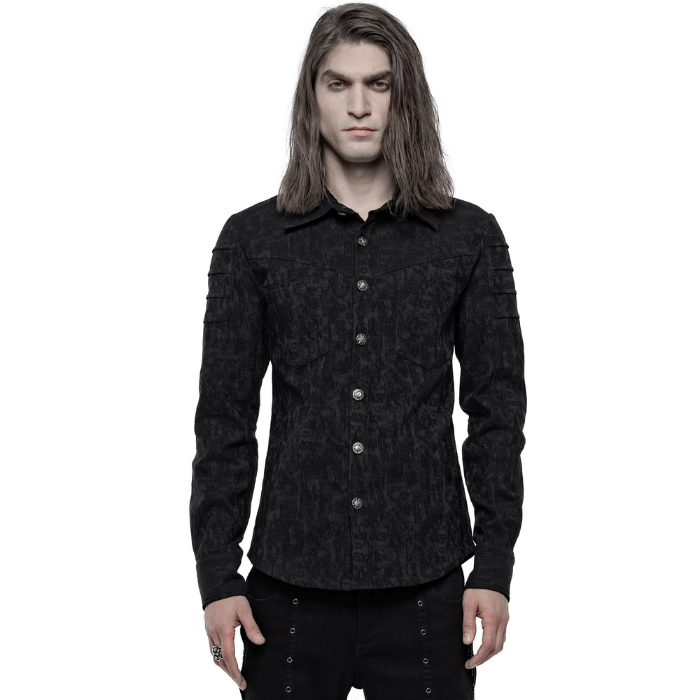 Men's stretch jacquard gothic shirt in black with unique button detail and stylish fit for a punk look.