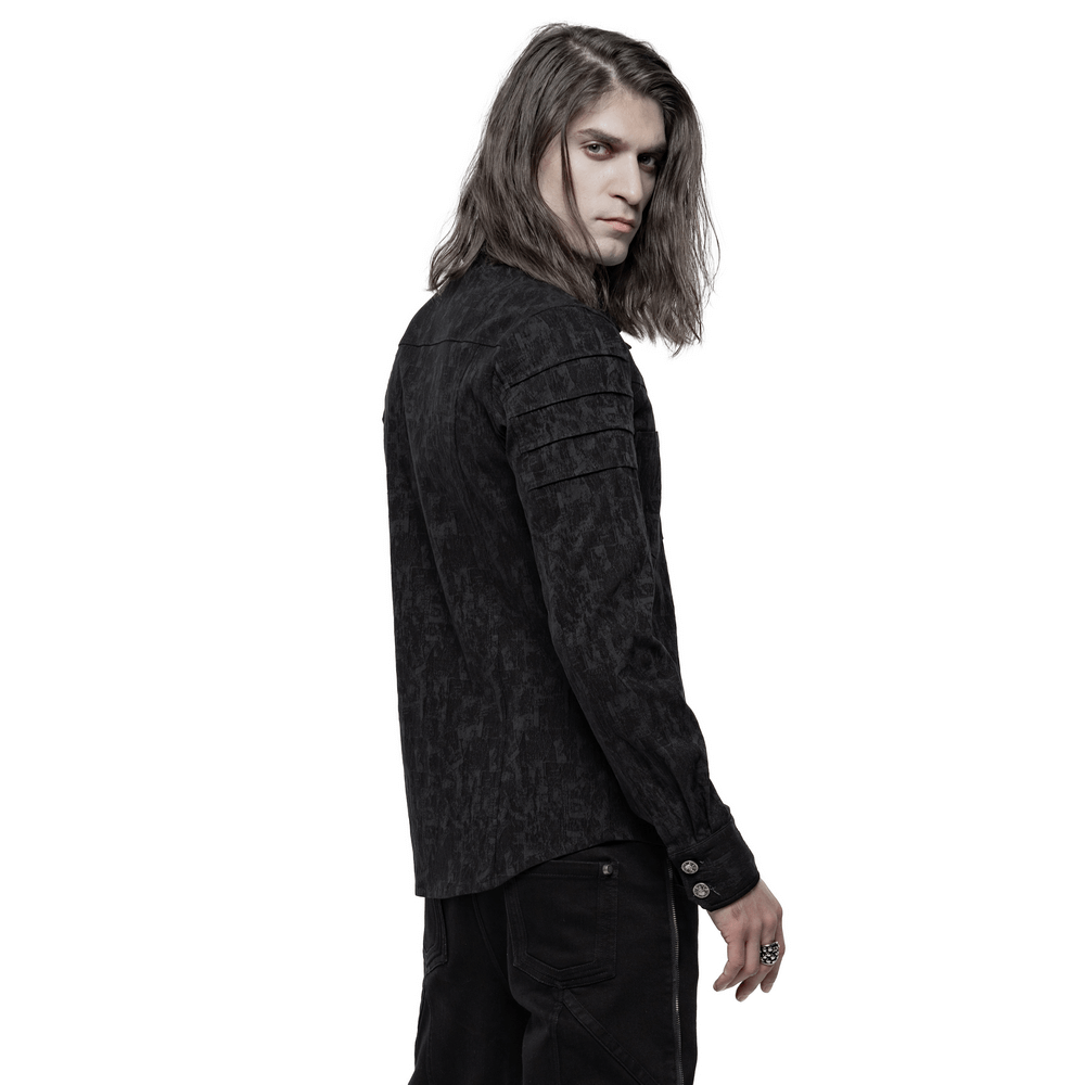 Men's gothic stretch jacquard shirt with unique button detail and stylish fit, showcasing dark patterns and a sleek design.