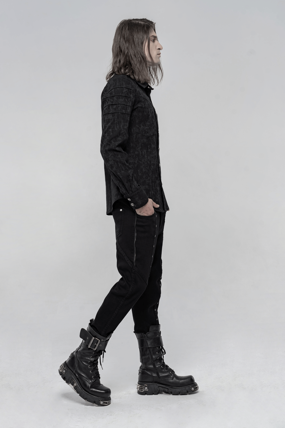 Men's stylish long sleeves gothic shirt with unique button detail and slim fit paired with black combat boots.