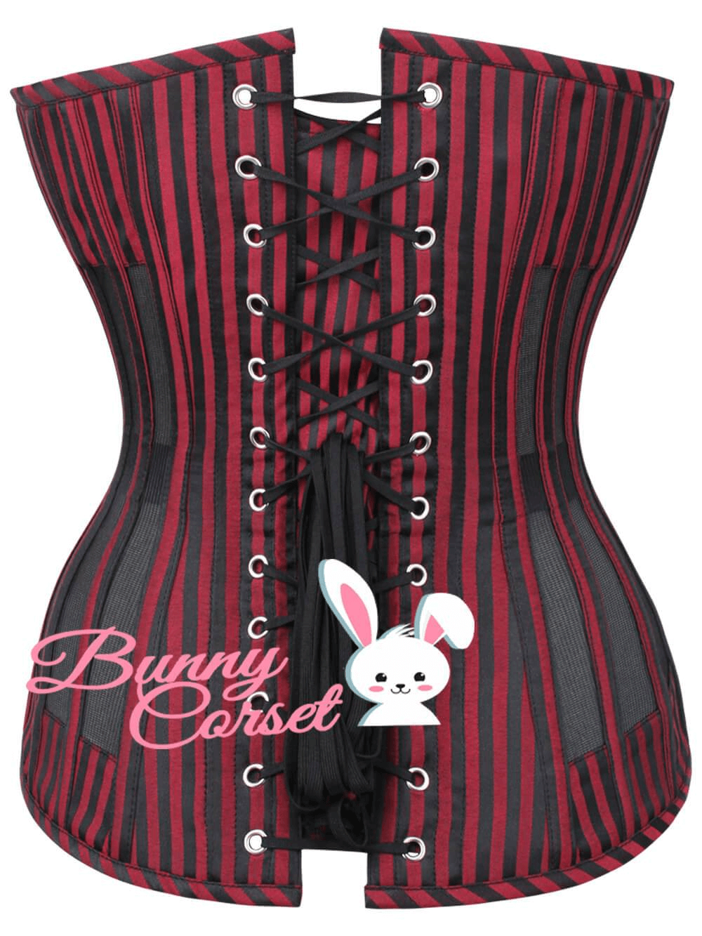 Bold striped female mesh corset with lace-up back, featuring a stylish design for a striking silhouette.