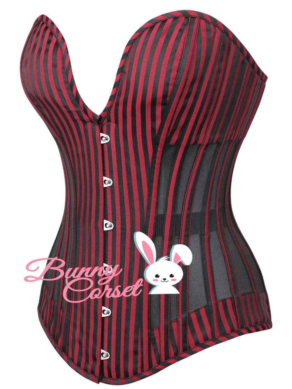 Stylish female striped overbust corset with mesh and steel bones for enhanced silhouette.