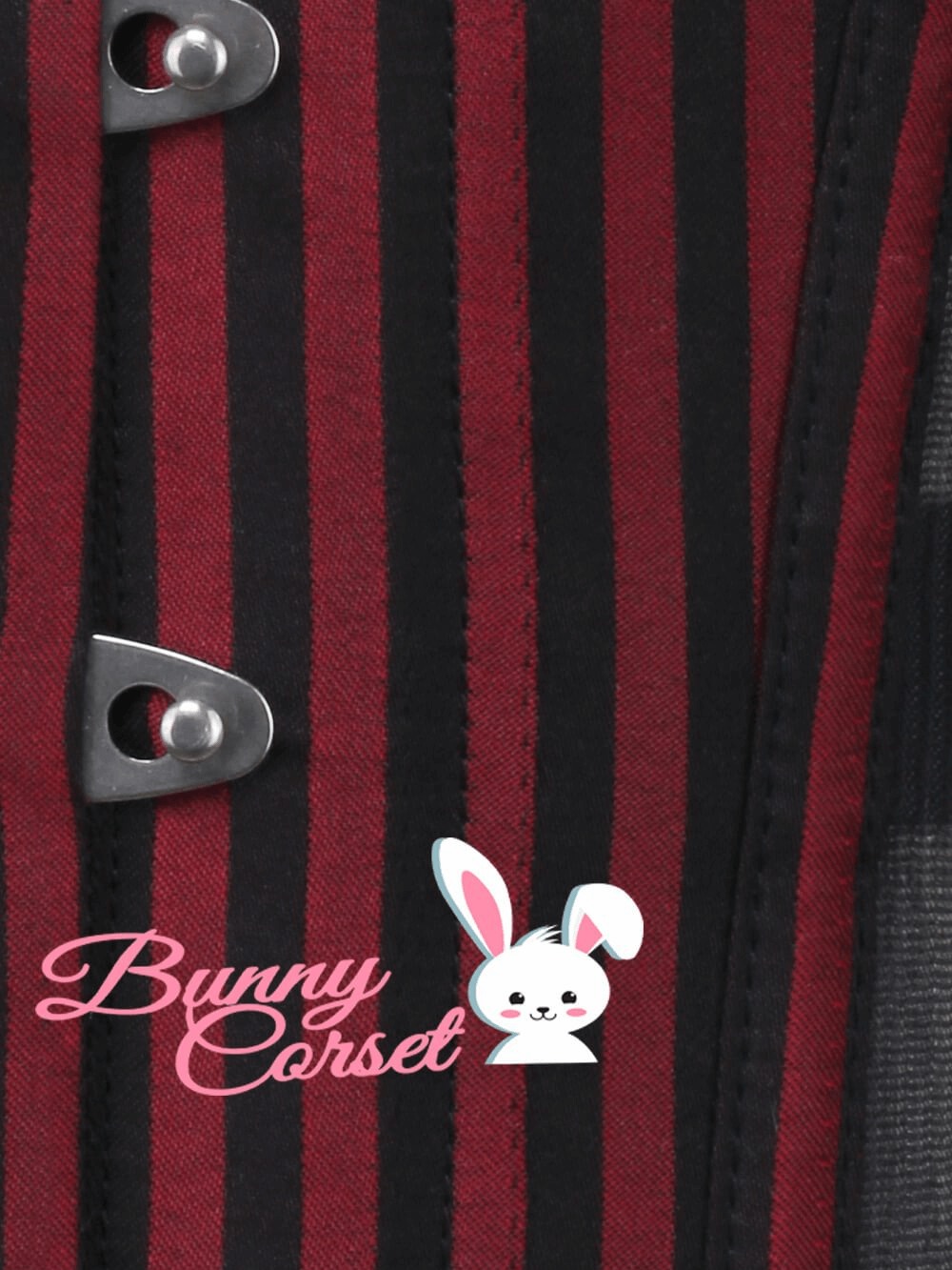 Close-up of stylish red and black striped mesh corset with metal busk and Bunny Corset logo.