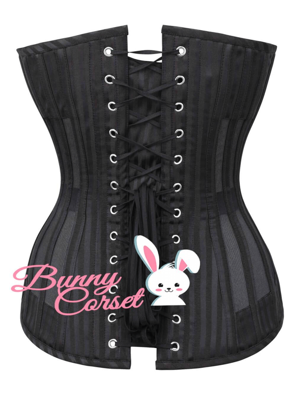 Striking black striped overbust corset with lace-up back for enhanced silhouette and support.