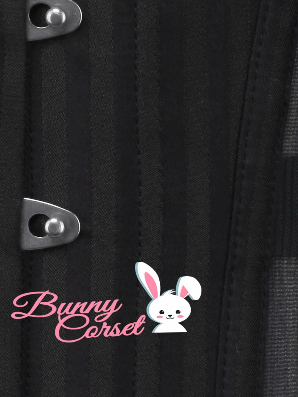 Close-up of a stylish black striped overbust corset with metal busk and Bunny Corset logo.