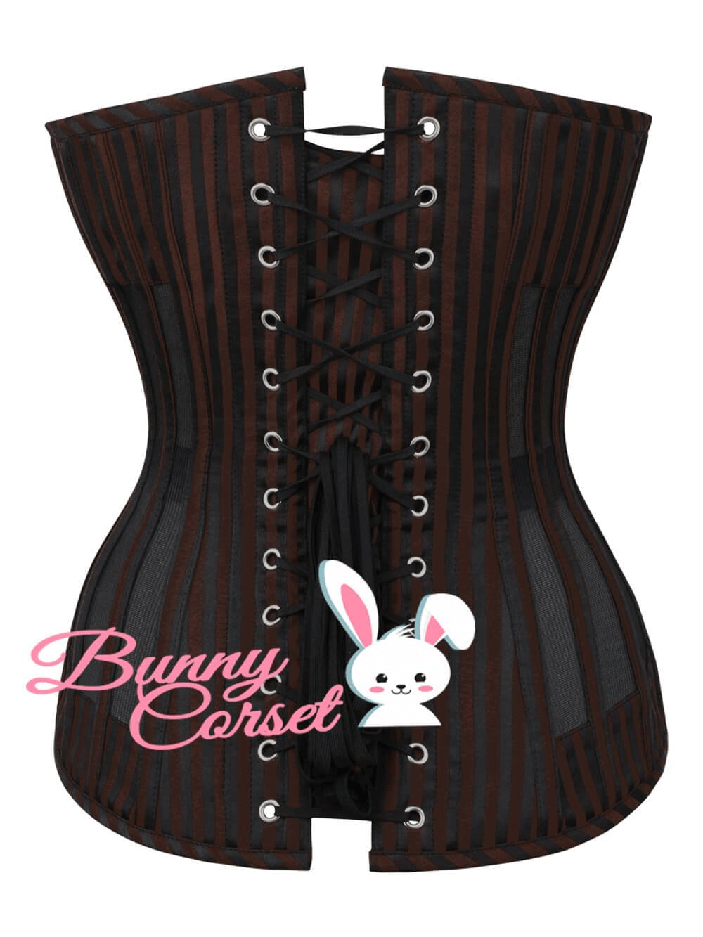 Stylish black and brown striped overbust corset with lace-up detail for a flattering silhouette, perfect for confident wearers.