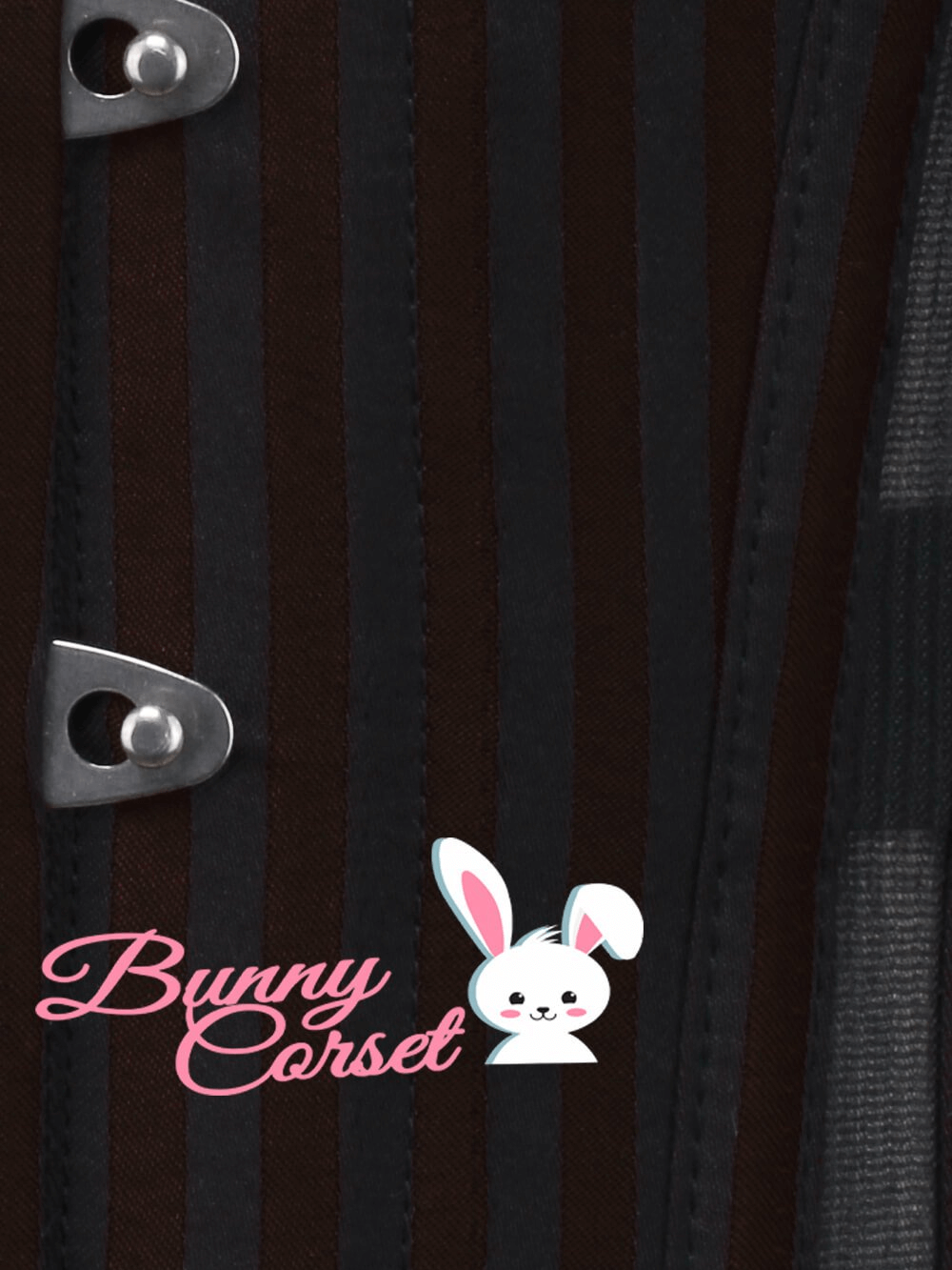 Close-up of a stylish striped overbust corset with metal busk details and Bunny Corset logo