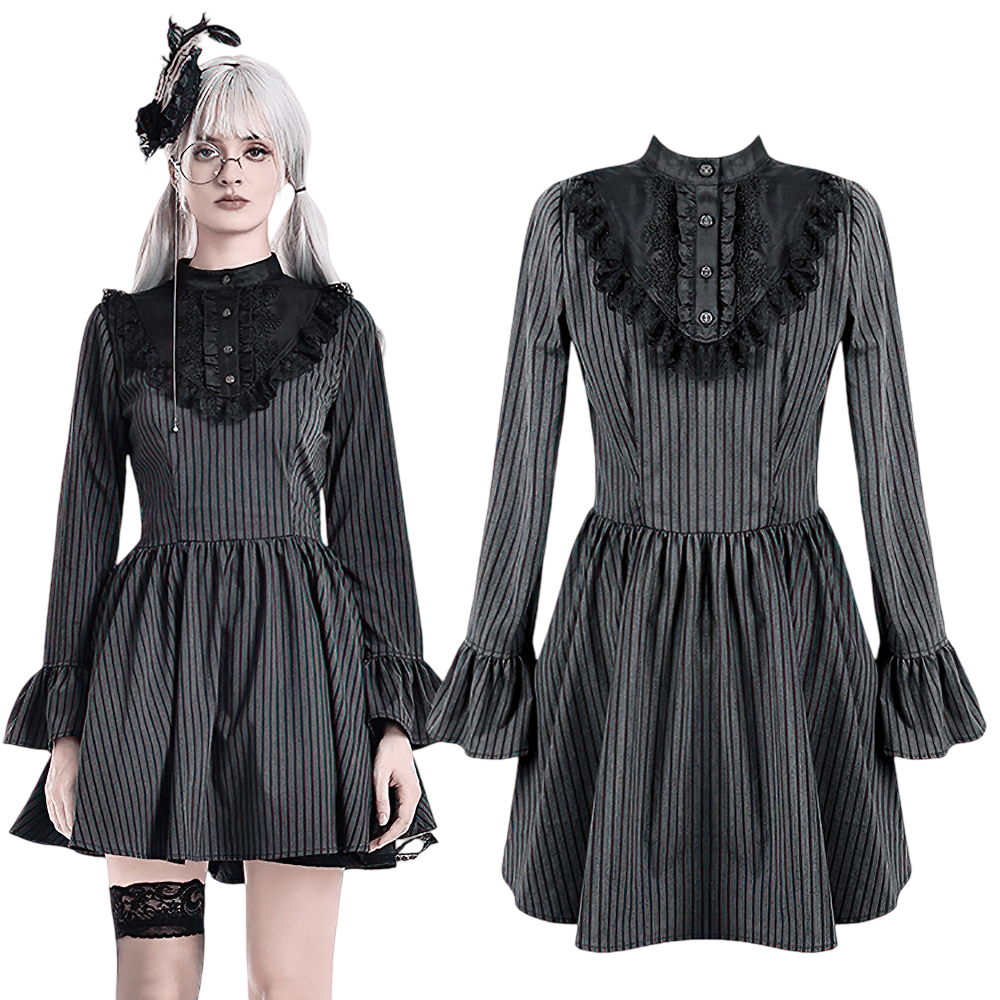 Striking Lace Bib Pinstripe Long Sleeved Flared Mini Dress, gray, black lace bib, ruffled cuffs