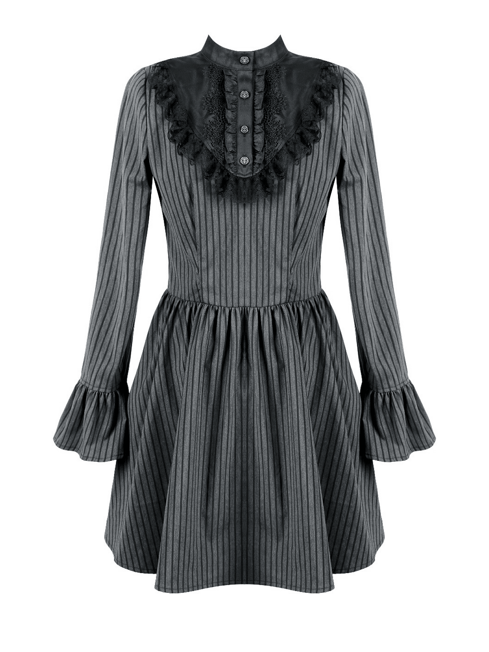 Striking Lace Bib Pinstripe Long Sleeved Flared Mini Dress with ruffle cuffs, button front and gathered skater silhouette