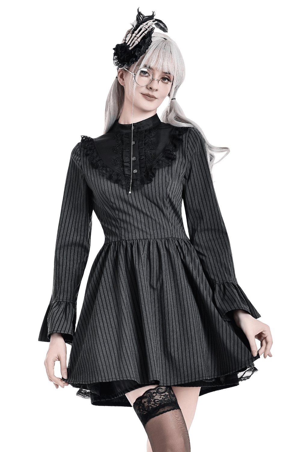 Striking Lace Bib Pinstripe Long Sleeved Flared Mini Dress with ruffle cuffs and gothic black detailing