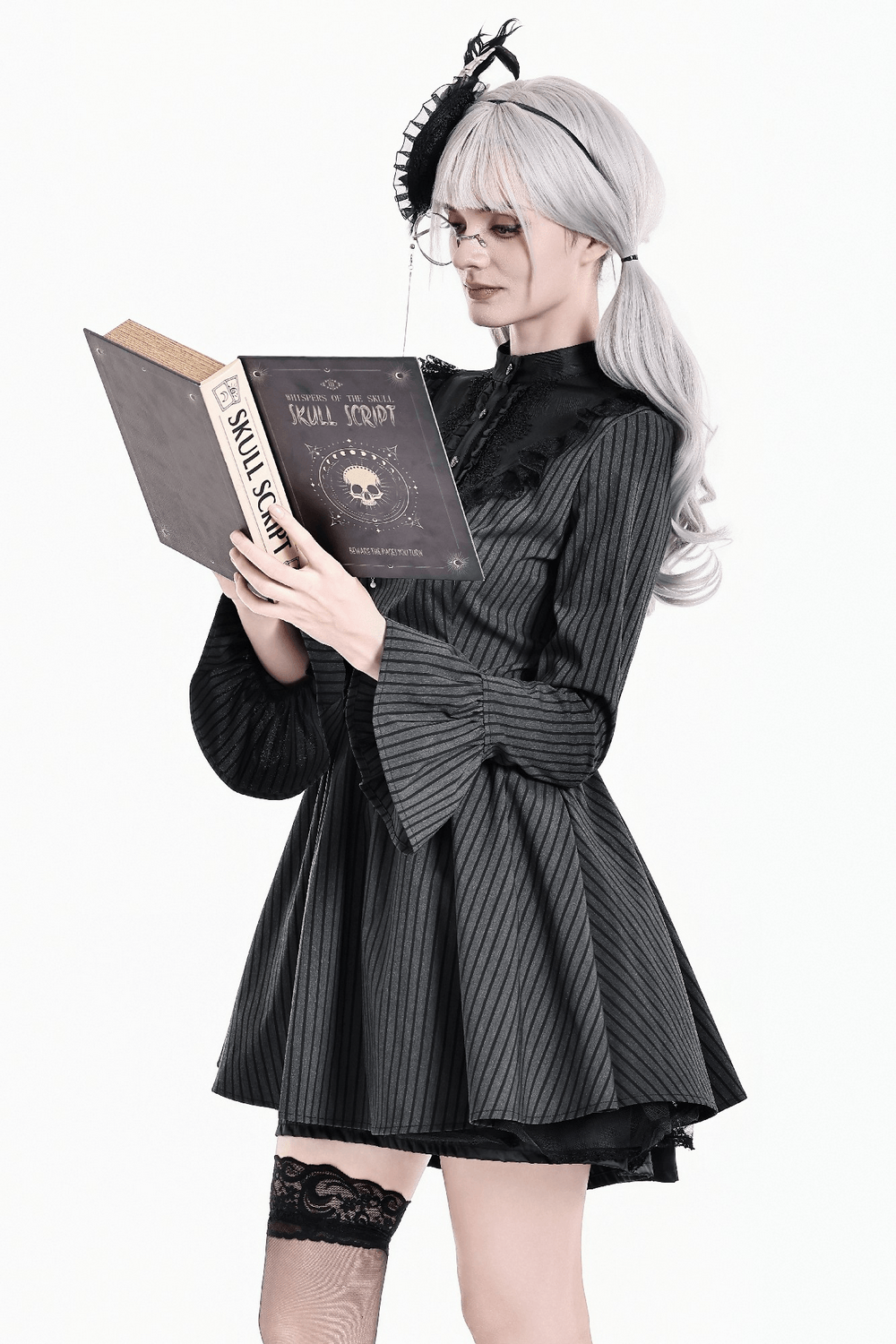 Striking Lace Bib Pinstripe Long Sleeved Flared Mini Dress, gothic black pinstripe dress with lace bib and flared cuffs