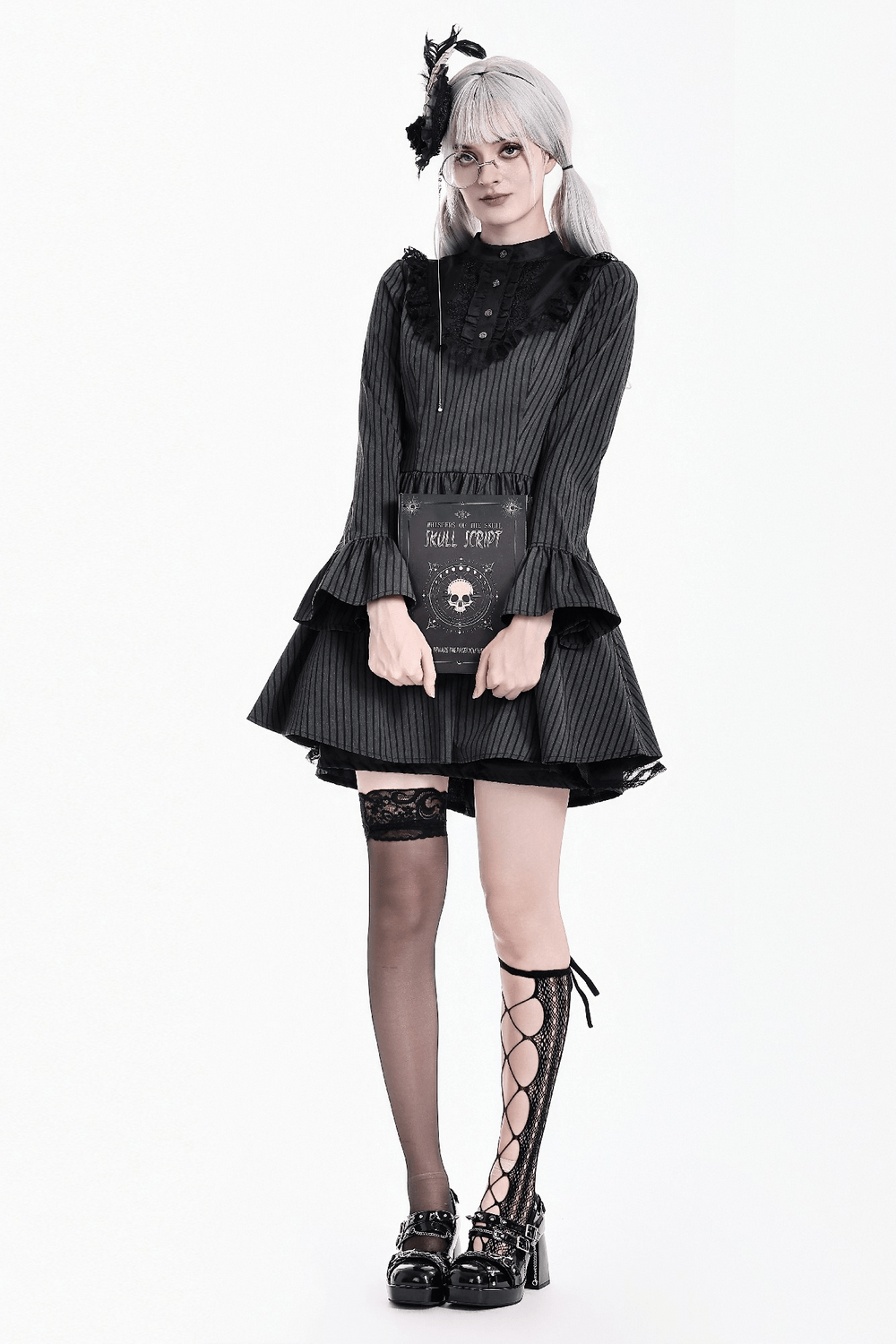 Striking Lace Bib Pinstripe Long Sleeved Flared Mini Dress, gothic black mini dress with ruffle cuffs and lace bib