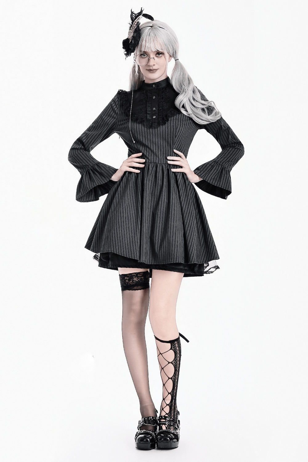 Striking Lace Bib Pinstripe Long Sleeved Flared Mini Dress, black gothic mini with lace bib and flared cuffs